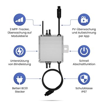 Balkonkraftwerk 600W komplett für Steckdose Solaranlage Komplettset plus Wechselrichter mit 2x 410W (820W) Solarpanel und Wechselrichter (600W) mit Wifi. 230V Plug'nPlay, Balkonanlage - 4