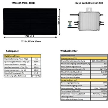 Balkonkraftwerk Komplett Set Solarpaket 600W Wlan Kompatibler Mikrowechselrichter inklusive Schuko Stecker Full Black 395 Watt Panele - 6