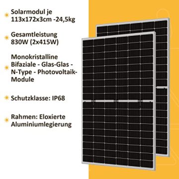 DUR-line Balkonkraftwerk 600W Komplettset mit 830W PV-Leistung und 10m Schuko-Anschlusskabel zum Einstecken in die Steckdose - WiFi Fernüberwachung, Mini-Solaranlage, Bifaziale N-TOPCon Zell Module - 4