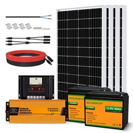 ECO-WORTHY 2 kW·h Solarsystem 480W 24V mit Wechselrichter und Batterie netzunabhängig für Wohnmobil: 4 Stücke 120W Solarmodul + 60A Laderegler + 2 Stücke 50Ah Lithiumbatterie + 1500W Wechselrichter - 1