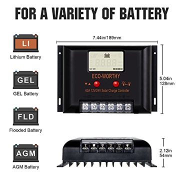 ECO-WORTHY 2 kW·h Solarsystem 480W 24V mit Wechselrichter und Batterie netzunabhängig für Wohnmobil: 4 Stücke 120W Solarmodul + 60A Laderegler + 2 Stücke 50Ah Lithiumbatterie + 1500W Wechselrichter - 6