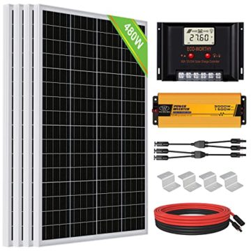 ECO-WORTHY 2 kW·h/Tag Solarmodul System mit All in One Wechselrichter 480 Watt 24 Volt Solarpanel Kit für netzunabhängige: 4 Stücke 120W Solarmodul + 1500W 24V Wechselrichter - 1