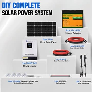 ECO-WORTHY 4 kW·h Solarsystem 1kW 24V mit Wechselrichter und Batterie Netzunabhängig für Wohnmobil: 6 * 170W Solarmodu + 2 * 100Ah Lithiumbatterie +3kW 24V-220V All-in-One-Maschine Invertersteuerung - 3