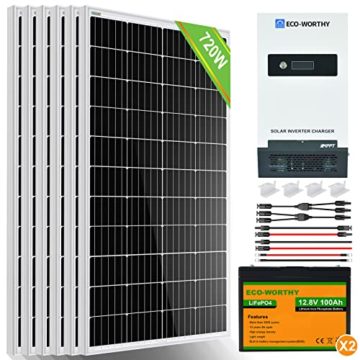 ECO-WORTHY 720W 24V Solarmodul System komplettes Kit für Wohnmobil/Haushalt: 6 * 120W Solarpanel + 1500W 24V All-in-One Solar Wechselrichter + 2 * 100Ah Lithiumbatterien - 1