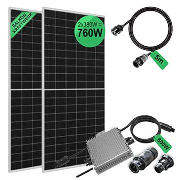 PIANETA 760W / 600W Balkonkraftwerk komplett Set 2 x 380w Solarmodule der Marke Ja Solar einem Wechselrichter Deye SUN600G3-EU-230 mit Wifi funktion plus 5 m Schukokabel für die Steckdose - 2