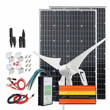 Solar-Wind-Set 600 W, 12 V, komplettes Set mit 2000 W Wechselrichter: 1 x 400 W Windturbinengenerator und 2 x 100 W Mono-Solarmodul, hohe Effizienz, PWM-Laderegler und Kabel und Halterung - 1