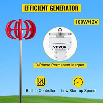 VEVOR Laterne Windkraftanlage Generator 5 Klingen Vertikale Windkraftanlage 100W 12V Windturbine 1100 U/min Windgenerator 3-Phasen-Wechselstrom-Permanentmagnet Geeignet für Wohnmobil Boote Pavillons - 3