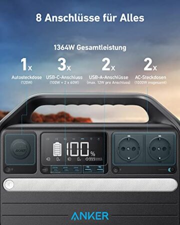 Anker 555 Powerstation mit 2*100W Solarpanel, 1024Wh LiFePO4 Batterien, 1000W tragbare Solargenerator, 3 USB-C PD Anschlüsse mit 100W, Balkon Solaranlage, Powerhouse für Camping, Stromausfälle, Balkon - 4
