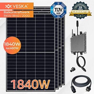 VESKA Balkonkraftwerk 1840 W / 2000 W Photovoltaik Solaranlage Steckerfertig WiFi Smarte Mini-PV Anlage 1840 Watt - 2