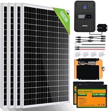 ECO-WORTHY 2.72kW·h Solarsystem, 680W 12V Solaranlage Komplettset für Wohnmobil: 4 Stücke 170W Solarmodul + 40A MPPT Laderegler + 2 Stücke 100Ah Lithiumbatterie + 2000W Wechselrichter - 1