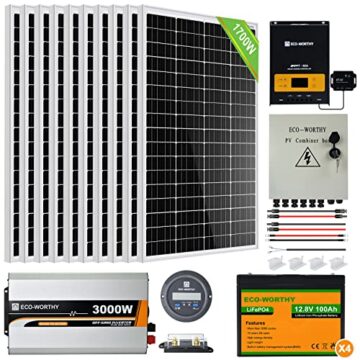 ECO-WORTHY 6,8 kWh Solarsystem 1700W 24V mit Wechselrichter und Batterie Netzunabhängig für Wohnmobil: 10 * 170W Solarmodul + 60A MPPT Laderegler + 4 Stücke 100Ah Lithiumbatterie+ 3000W Wechselrichter - 1