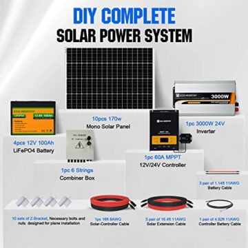 ECO-WORTHY 6,8 kWh Solarsystem 1700W 24V mit Wechselrichter und Batterie Netzunabhängig für Wohnmobil: 10 * 170W Solarmodul + 60A MPPT Laderegler + 4 Stücke 100Ah Lithiumbatterie+ 3000W Wechselrichter - 9